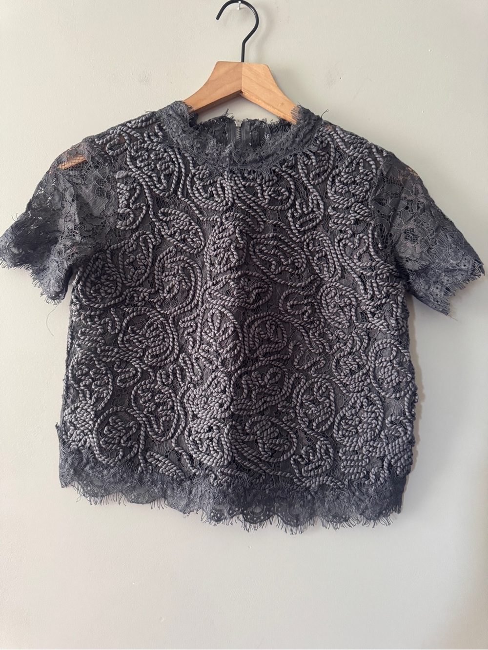 Level Eight | Embroidered and Rope Lace Short Sleeve Blouse - Charcoal | S/M